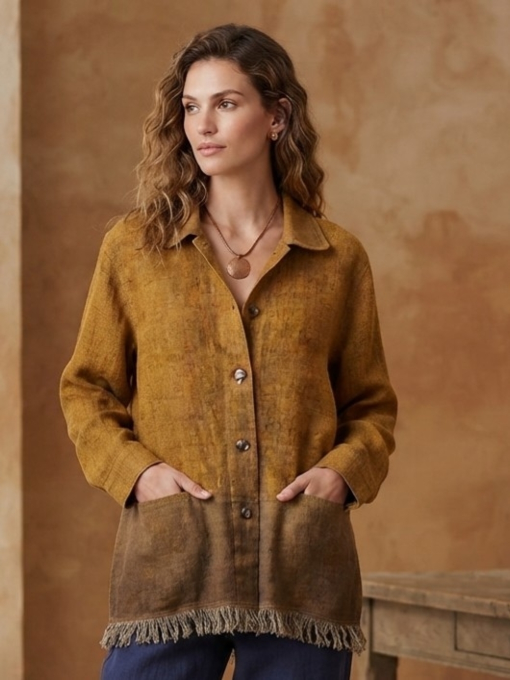 Worldly Hemp Gradient Mustard-Brown Button-Front Utility Jacket Size Large